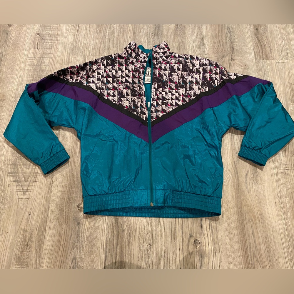 90s Sunterra Swishy Windbreaker Jacket Geometric  Full Zip Neon Trend Ski Size S